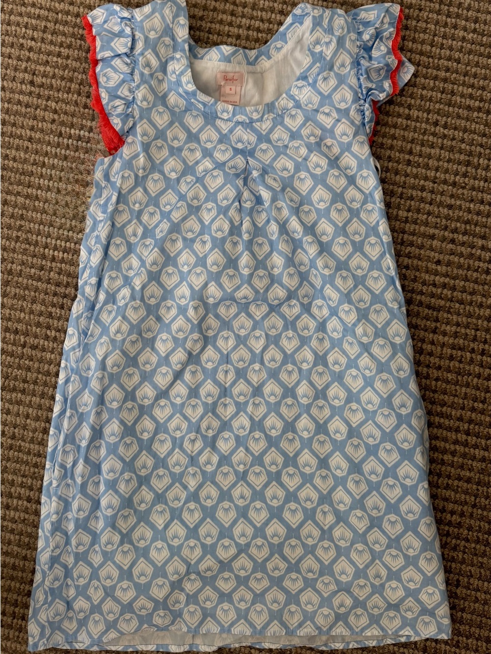 Light Blue Patterned Mini Dress with Red Trim